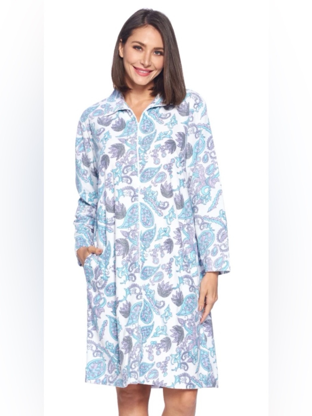 Casual Night Women's Printed Zipper Front Micro Fleece Robe Housecoat Medium